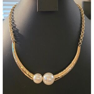 Chico's Gold Tone Rigid‎ Collar Faux Pearl Statement Necklace Adjustable